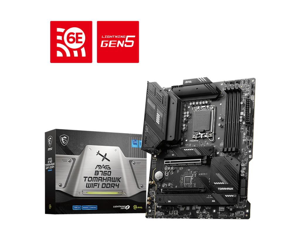 

Материнская плата MSI MAG B760 TOMAHAWK WIFI DDR4, Socket1700, Intel B760, 4xDDR4, 2PCI-Ex16, 4SATA3, 7.1-ch, 2.5GLAN, 6 USB 3.2, 2 USB Type-C, HDMI, DP, ATX, Retail, MAG B760 TOMAHAWK WIFI DDR4