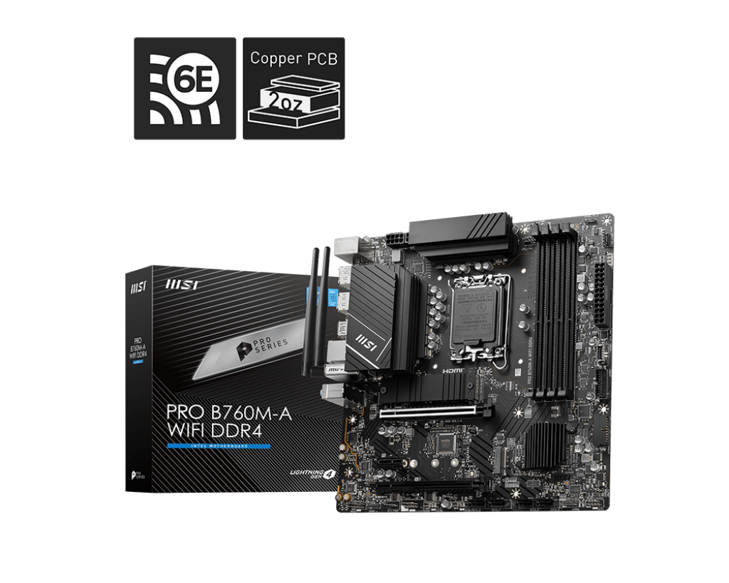 

Материнская плата MSI PRO B760M-A WIFI DDR4, Socket1700, Intel B760, 4xDDR4, 2PCI-Ex16, 4SATA3, 7.1-ch, 2.5GLAN, 8 USB 3.2, 1 USB Type-C, HDMI, DP, mATX, Retail, PRO B760M-A WIFI DDR4