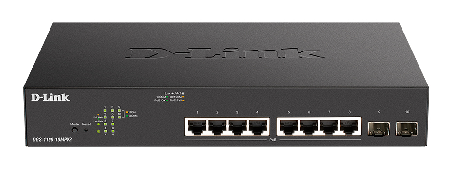 

Коммутатор D-Link DGS-1100-10MPV2, управляемый, кол-во портов: 8x1 Гбит/с, кол-во SFP/uplink: SFP 2x1 Гбит/с, установка в стойку, PoE: 8x30Вт (макс. 130Вт) (DGS-1100-10MPV2/A3A), DGS-1100-10MPV2