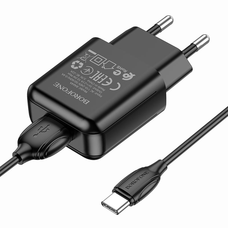 

Сетевое зарядное устройство Borofone BA64A, USB, 2.1A, черный (6974443383881), кабель USB Type C, BA64A