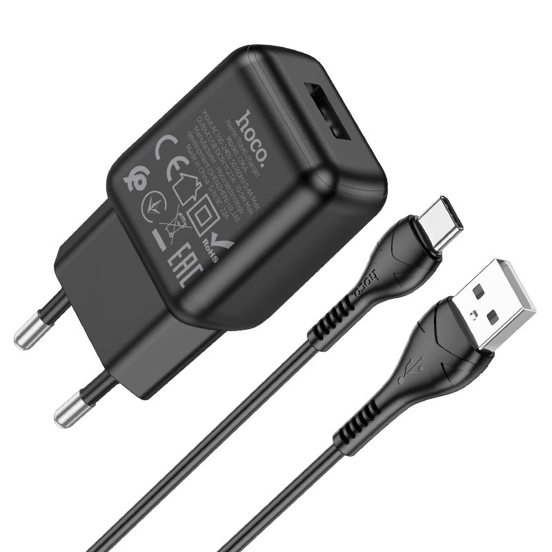 

Сетевое зарядное устройство Hoco C96A, USB, 2.1A, черный, кабель USB Type C, C96A