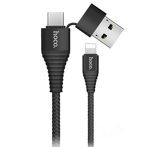 

Кабель Lightning 8-pin(m)-USB 2.0 Type-C(m)+USB 2.0(Am), 2.4A 1 м, черный HOCO U26, U26