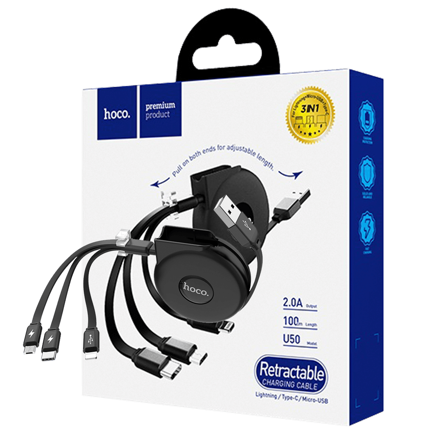 

Кабель USB 2.0(Am)-Lightning 8-pin(m)+Micro USB 2.0(Am)+USB 2.0 Type-C(m), плоский, 2.1A 2.2 м, черный HOCO U50 (6957531093619), U50