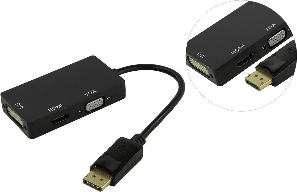 Переходник (адаптер) DVI (29F) / HDMI 19 (F) / VGA (15F)-DisplayPort (M), черный (408064) - фото 1
