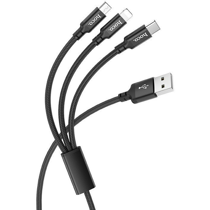 

Переходник (адаптер) USB-Lightning 8-pin(m)+Micro USB 2.0(Am)+USB 2.0 Type-C(m), 2.4A, 1 м, черный HOCO X14 (6931474719157), X14