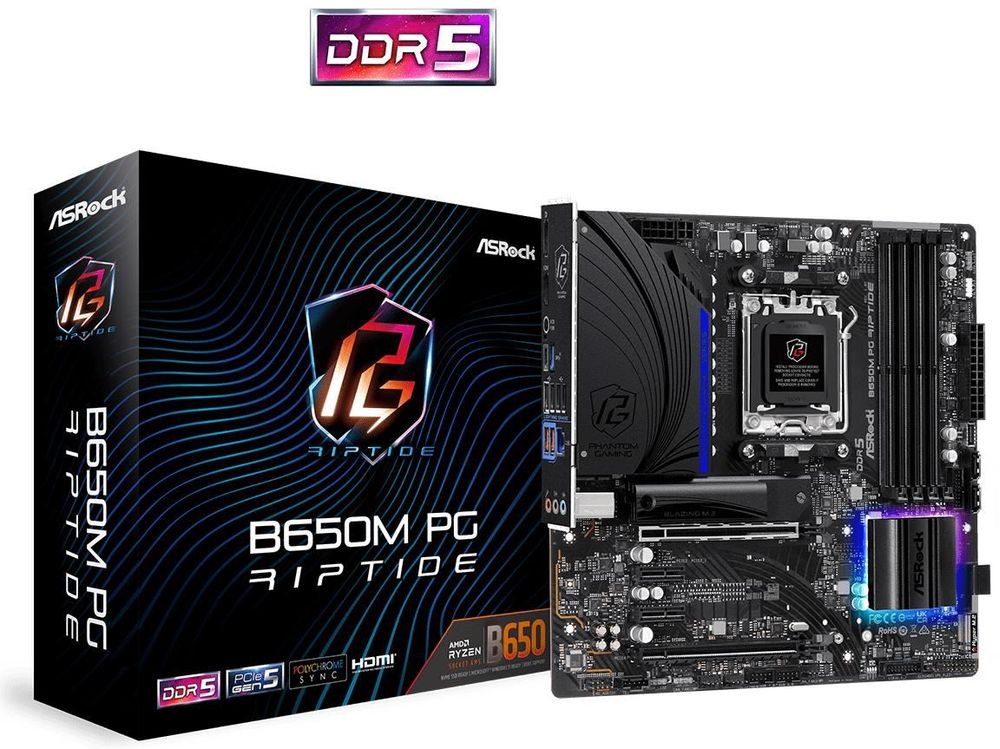 

Материнская плата ASRock B650M PG RIPTIDE, AM5, AMD B650, 4xDDR5 DIMM, 2PCI-Ex16, 4SATA3, 7.1-ch, 2.5GLAN, 7 USB 3.2, 1 USB Type-C, HDMI, DP, mATX, Retail, B650M PG RIPTIDE
