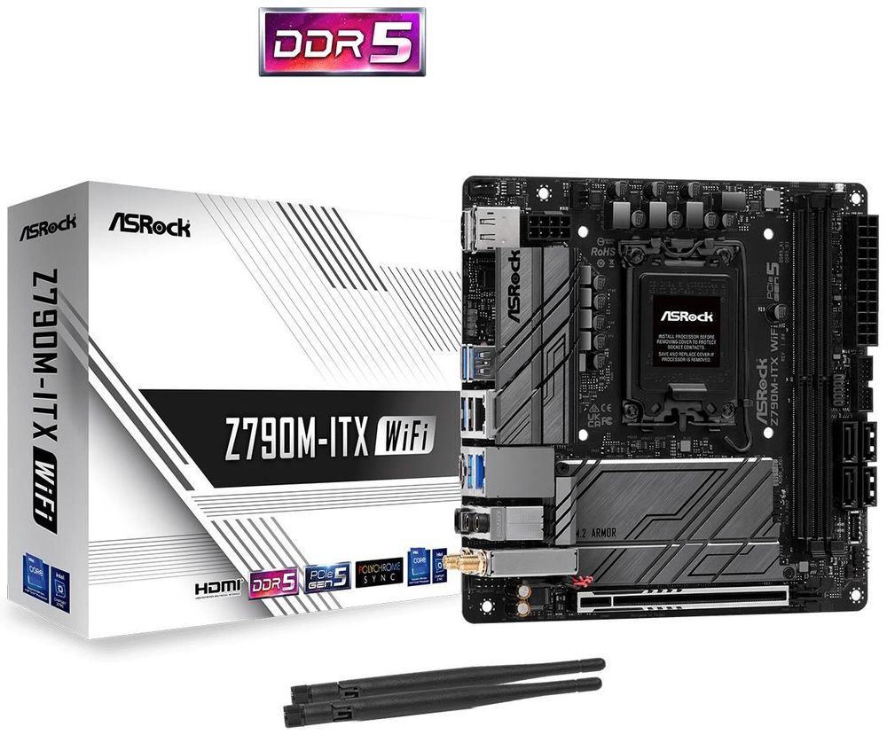 

Материнская плата ASRock Z790M-ITX WIFI, Socket1700, Intel Z790, 2xDDR5 DIMM, PCI-Ex16, 4SATA3, 7.1-ch, GLAN, 2.5GLAN, 6 USB 3.2, 1 USB Type-C, HDMI, DP, mini-ITX, Retail, Z790M-ITX WIFI