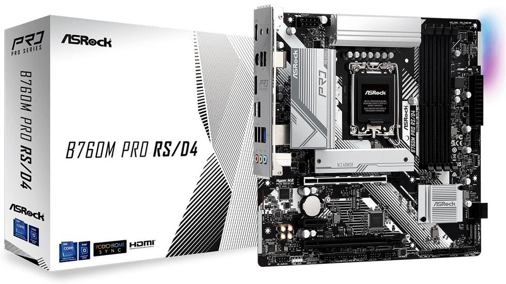 

Материнская плата ASRock B760M PRO RS/D4, Socket1700, Intel B760, 4xDDR4, 2PCI-Ex16, 4SATA3, 7.1-ch, 2.5GLAN, 5 USB 3.2, 1 USB Type-C, HDMI, DP, mATX, Retail, B760M PRO RS/D4
