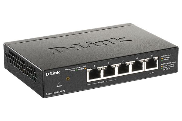 Коммутатор D-link DGS-1100-05PDV2, управляемый, кол-во портов: 5x1 Гбит/с, PoE: 2x15.4Вт (макс. 18Вт) (DGS-1100-05PDV2/A1A) DGS-1100-05PDV2/A1A - фото 1