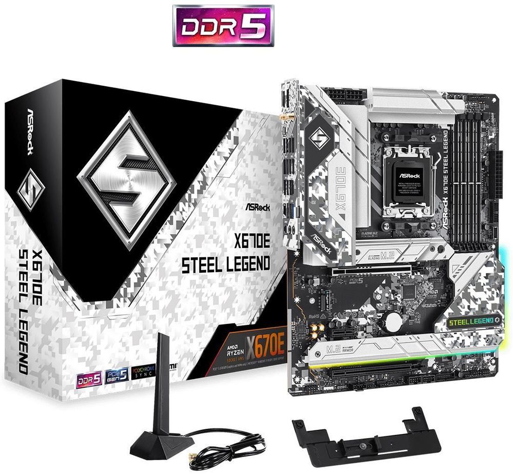 

Материнская плата ASRock X670E STEEL LEGEND, AM5, AMD X670, 4xDDR5 DIMM, 2PCI-Ex16, 4SATA3, 7.1-ch, GLAN, 2.5GLAN, 9 USB 3.2, 1 USB Type-C, HDMI, DP, ATX, Retail, X670E STEEL LEGEND