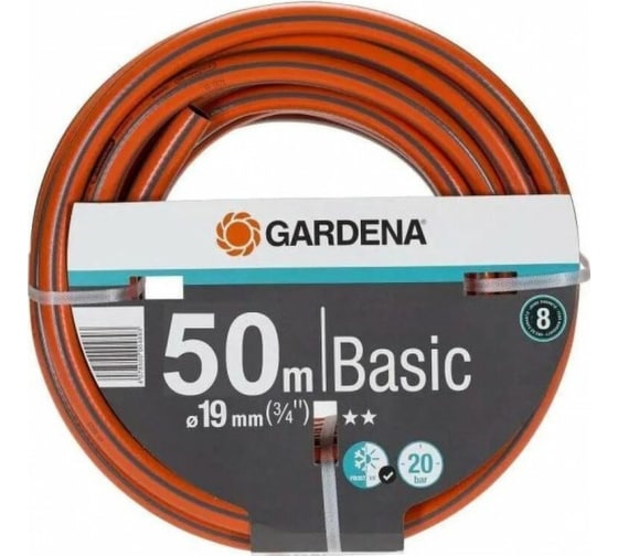 

Шланг GARDENA Basic 3/4, ПВХ, поливочный, армированный, d = 3/4" (19 мм), присоединительный размер = 3/4" (19мм), 50 м, 20 бар (18144-29.000.00), Basic 3/4
