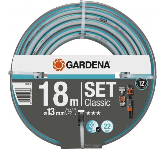 

Шланг GARDENA CLASSIC SET, ПВХ, поливочный, армированный, d = 1/2" (13 мм), присоединительный размер = 1/2" (13 мм), 18 м, 21.7 атм (18007-42.000.00), SET