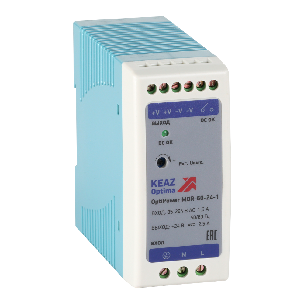 

Блок питания КЭАЗ OptiPower MDR-60-24-1, на DIN-рейку, белый/голубой (284541), OptiPower MDR-60-24-1