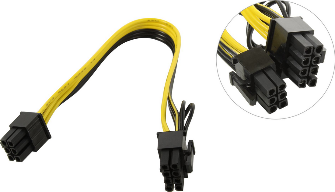 

Переходник питания (адаптер) PCI-E 6-pin(M)-PCI-E 6+2Pin(M), 20см, черный (540028), 0