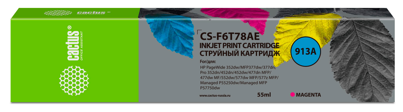 

Картридж струйный Cactus CS-F6T78AE (№913A/F6T78AE), пурпурный, совместимый, 55мл, для PW 352dw/377dw/Pro 477dw/452dw