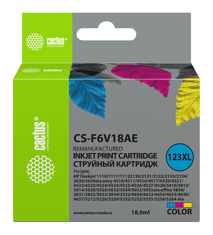 

Картридж струйный Cactus CS-F6V18AE (123XL/F6V18AE), многоцветный, совместимый, 18мл, для DeskJet 1110/1111/1112/2130