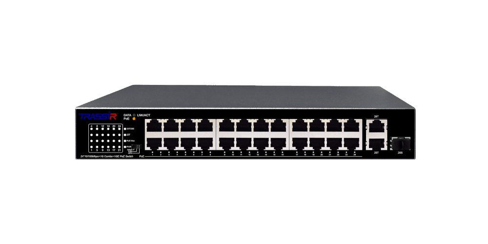 

Коммутатор Trassir TR-NS1126-225-24PoE, кол-во портов: 24x100 Мбит/с, combo RJ-45/SFP 1x1 Гбит/с, кол-во SFP/uplink: RJ-45 1x1 Гбит/с, установка в стойку, PoE: 24x32 Вт (макс. 225 Вт), TR-NS1126-225-24PoE