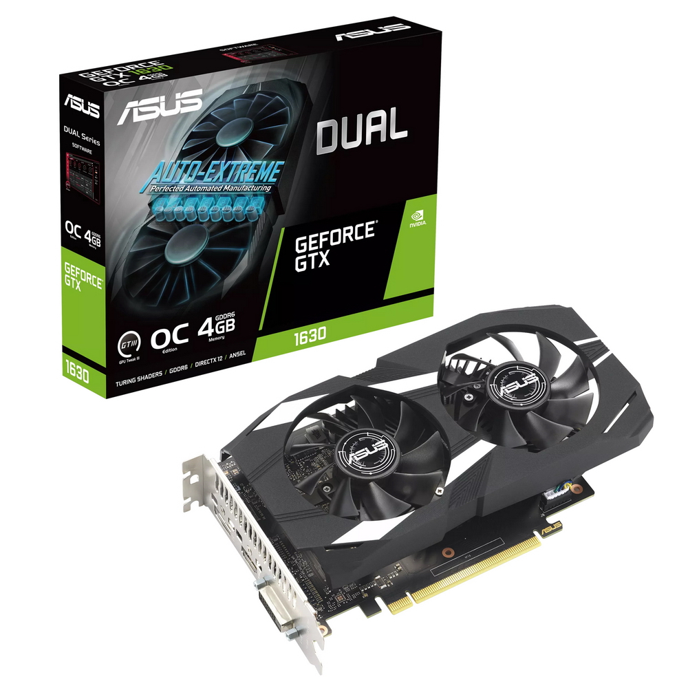 Видеокарта ASUS NVIDIA GeForce GTX 1630 DUAL-GTX1630-O4G , 4 Гб DDR6, 64bit, PCI-E, DVI, HDMI, DP, Retail (90YV0I54-M0NA00) - фото 1