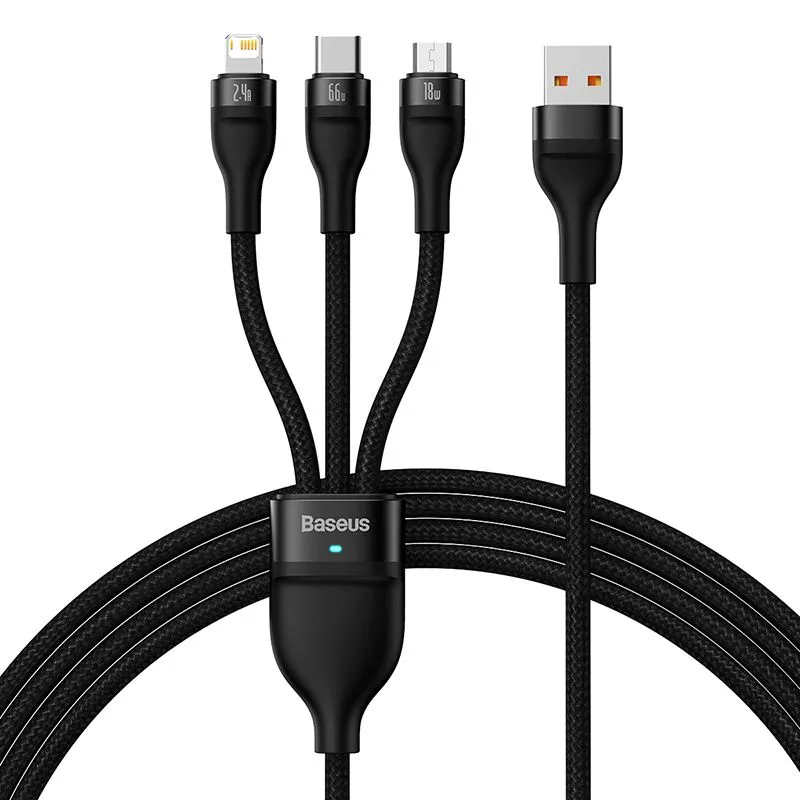 

Кабель USB-Micro USB+Lightning 8-pin+USB Type-C, быстрая зарядка, 6A, 1.2 м, черный, Baseus Flash Series II (CASS040001)