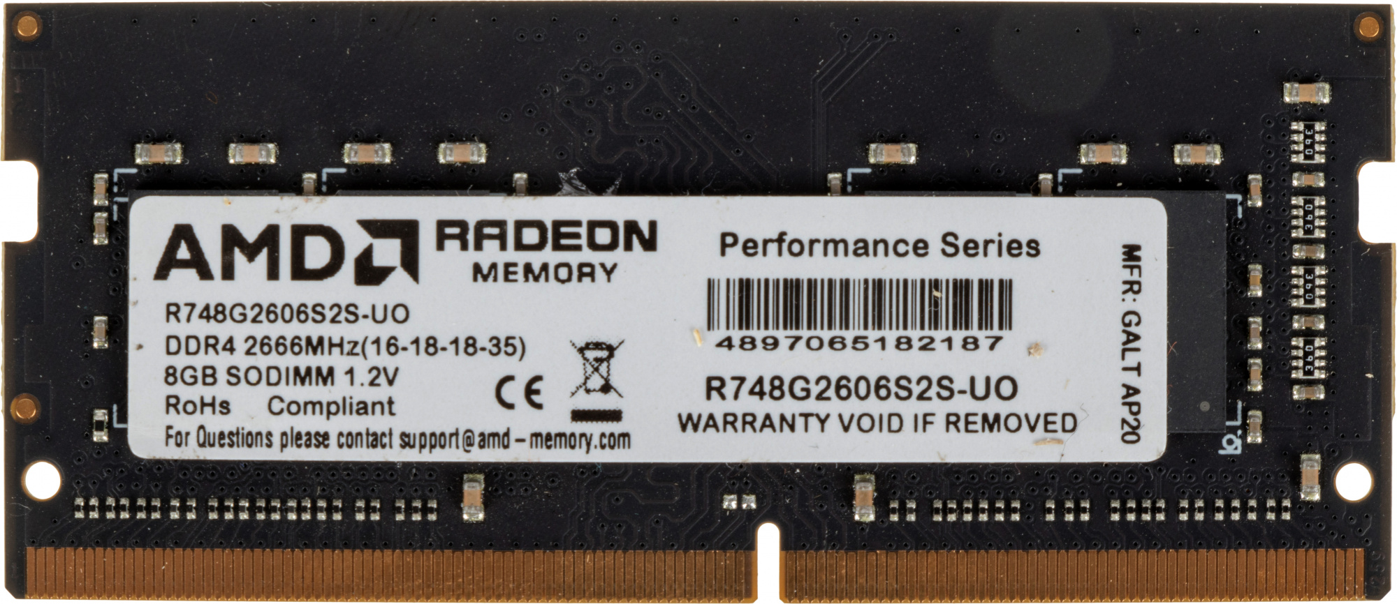 Память DDR4 SODIMM 8Gb, 2666MHz, CL16, 1.2 В, AMD, Radeon R7 Performance Series (R748G2606S2S-UO) Б/у, следы подключения, без упаковки, возврат из заказа