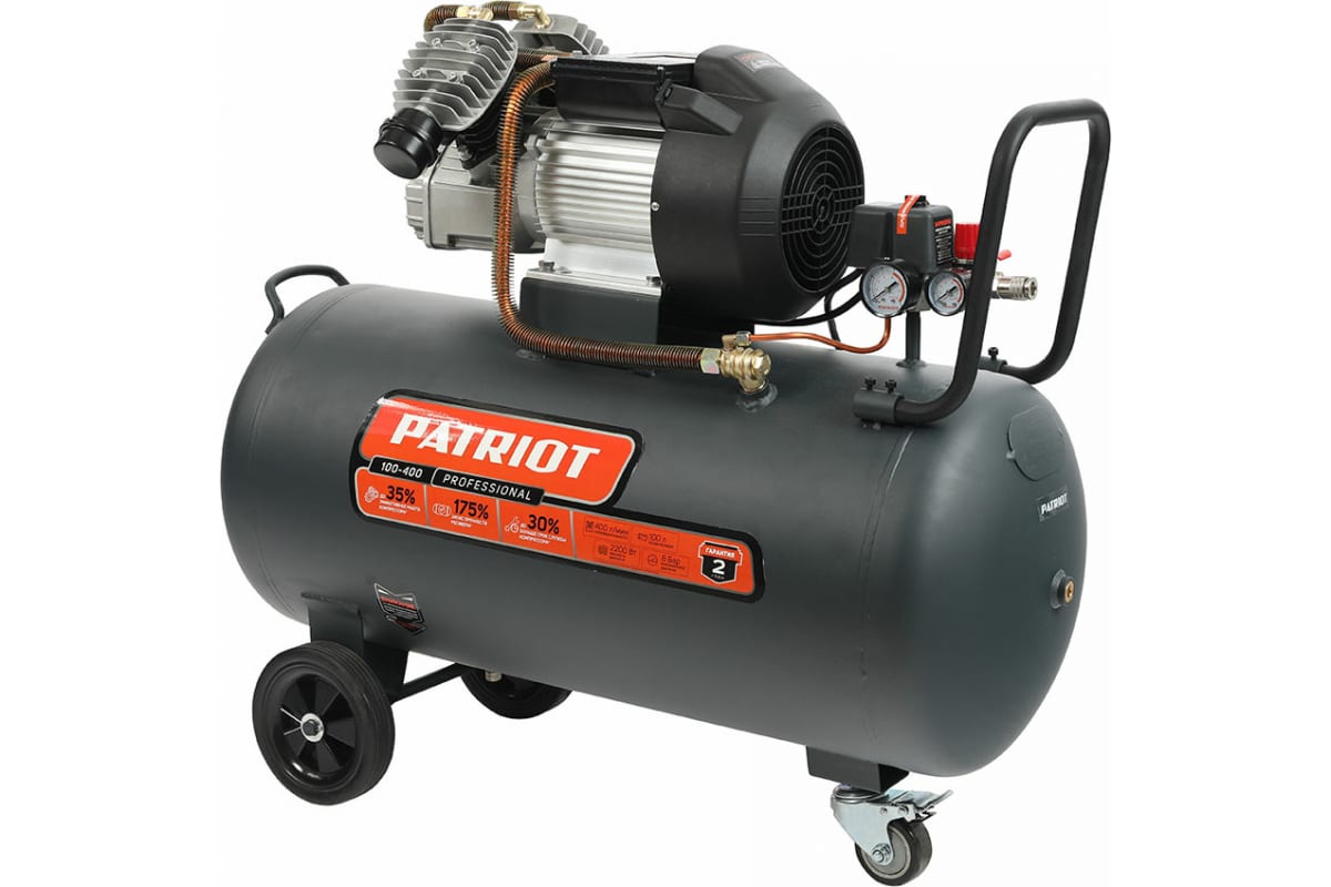 

Компрессор воздушный PATRIOT Professional 100-400, 2.2 кВт, 7.9 атм, 400л/мин, 220В, 100 л, масляный, электрический, поршневой, коаксиальный (прямой) (525301955), 100-400