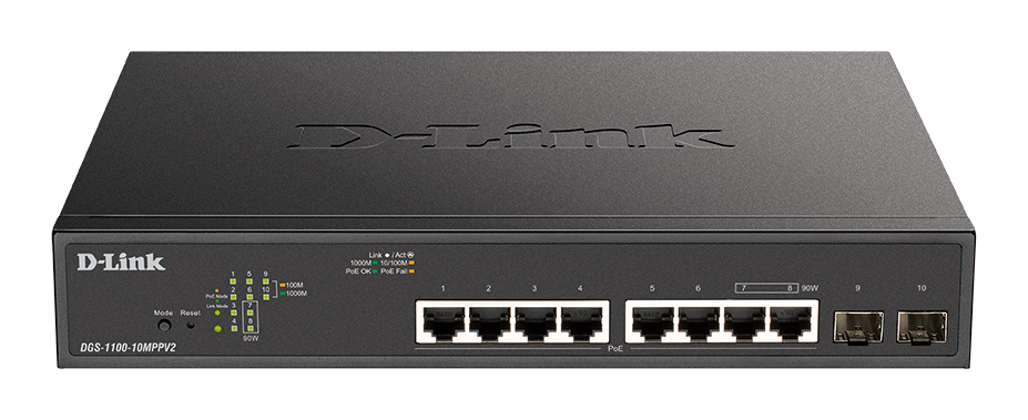 

Коммутатор D-Link DGS-1100-10MPPV2, управляемый, кол-во портов: 8x1 Гбит/с, кол-во SFP/uplink: SFP 2x1 Гбит/с, установка в стойку, PoE: 8x90 Вт (макс. 242 Вт) (DGS-1100-10MPPV2/A3A), DGS-1100-10MPPV2