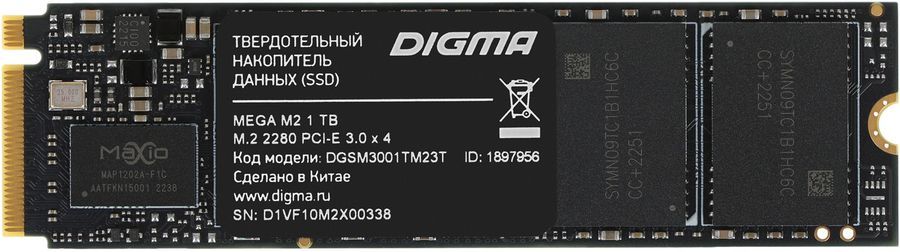 

Твердотельный накопитель (SSD) Digma 1Tb Mega M2, 2280, PCI-E, NVMe (DGSM3001TM23T) Retail
