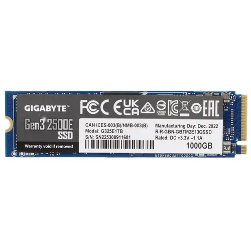 

Твердотельный накопитель (SSD) GIGABYTE 1Tb Gen3 2500E, 2280, PCI-E, NVMe (G325E1TB) Retail