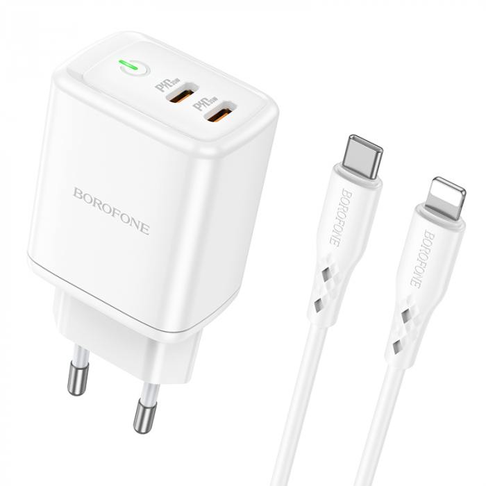 

Сетевое зарядное устройство Borofone BN9 35 Вт, 2xUSB type-C, 3A, белый (6974443388176), кабель Lightning, BN9