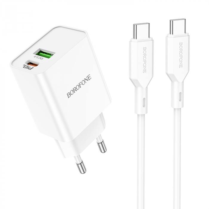 

Сетевое зарядное устройство Borofone BA69A 20 Вт, 2xUSB type-C, 3A, белый (6974443387889), кабель USB Type C, BA69A