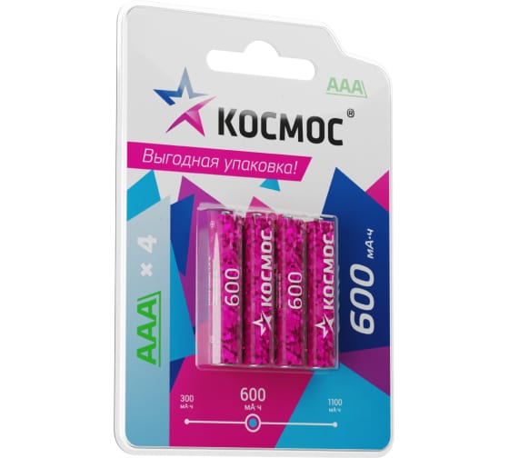 Аккумулятор КОСМОС KOCR03NIMH600mAh4BL, AAA, 1.2V 600 мА·ч, 4 шт. (KOCR03NIMH600mAh4BL)