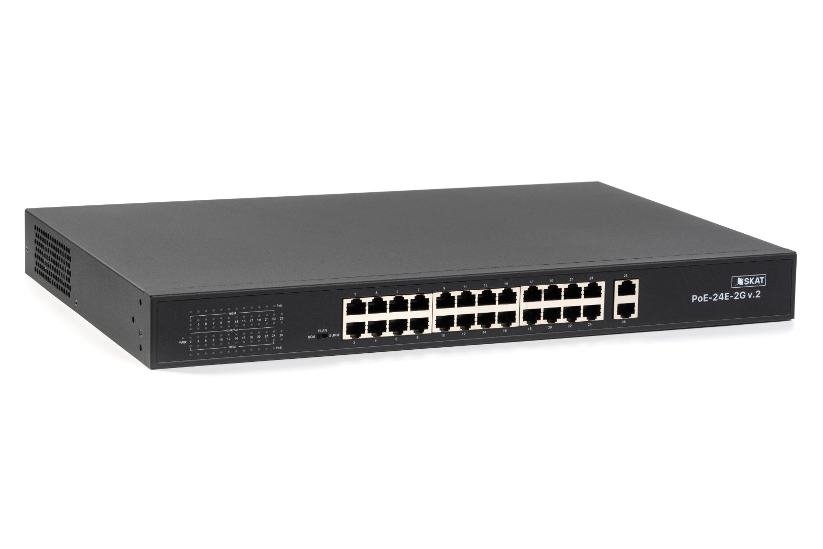 Коммутатор Бастион SKAT POE-24E-2G V.2, кол-во портов: 24x100 Мбит/с, кол-во SFP/uplink: RJ-45 2x1 Гбит/с, установка в стойку, PoE: 24x60 Вт (макс. 300 Вт) (4077)
