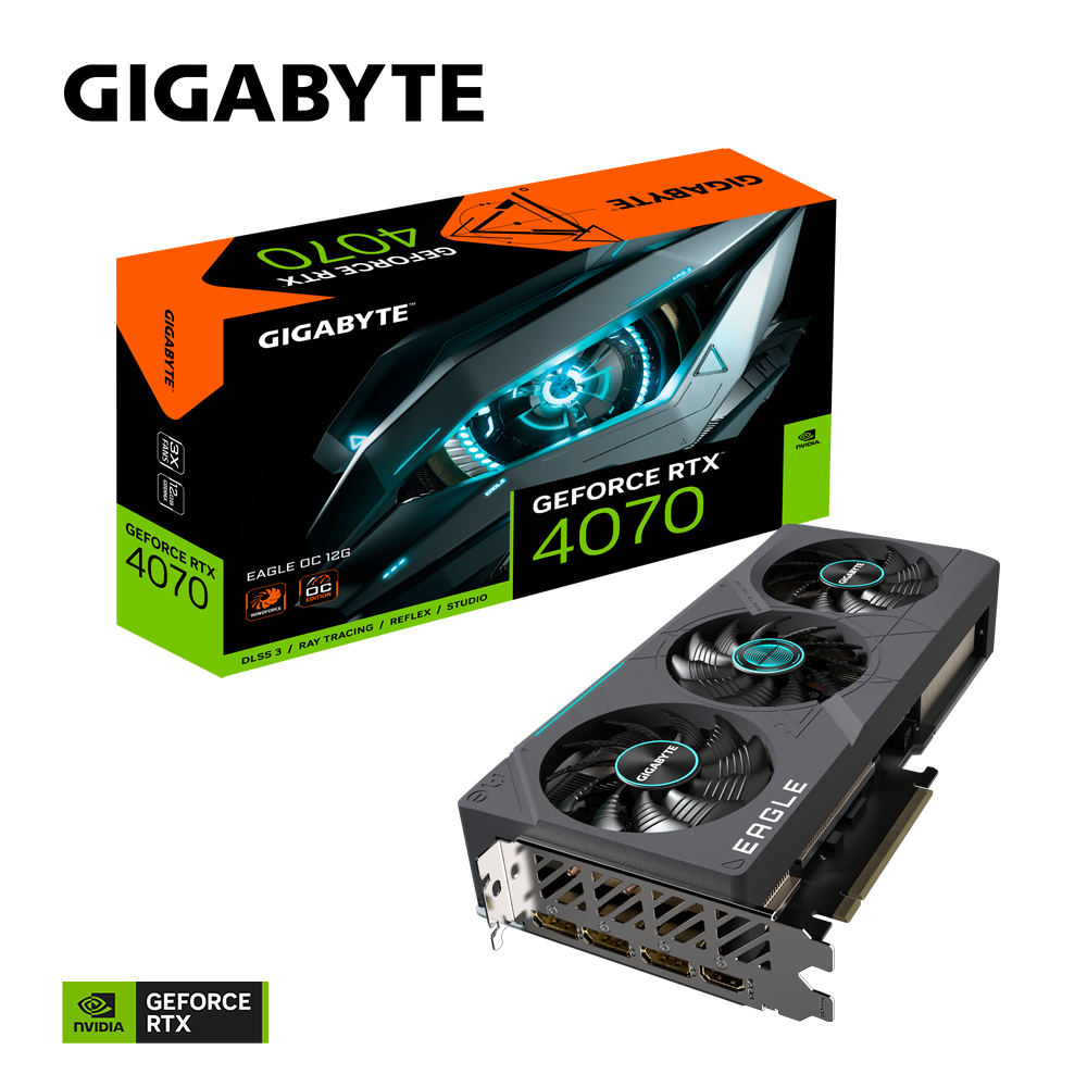 

Видеокарта GIGABYTE NVIDIA GeForce RTX 4070 EAGLE OC, 12Gb GDDR6X, 192 бит, PCI-E, HDMI, 3DP, Retail (GV-N4070EAGLE OC-12GD), EAGLE OC