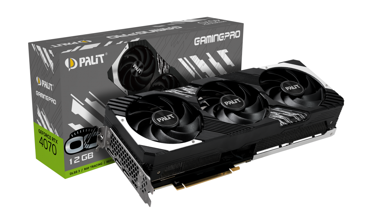 

Видеокарта Palit NVIDIA GeForce RTX 4070 GAMINGPRO OC, 12Gb DDR6X, 192 бит, PCI-E, HDMI, 3DP, Retail (NED4070H19K9-1043A), GAMINGPRO OC