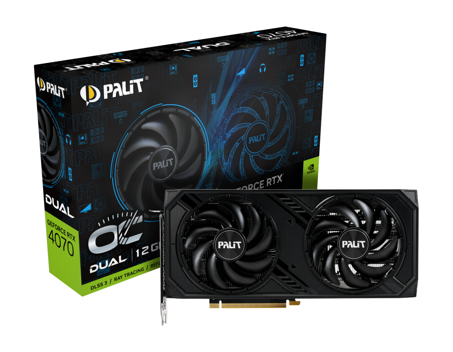 

Видеокарта Palit NVIDIA GeForce RTX 4070 Dual OC, 12Gb GDDR6X, 192 бит, PCI-E, HDMI, 3DP, Retail (NED4070S19K9-1047D), Dual OC