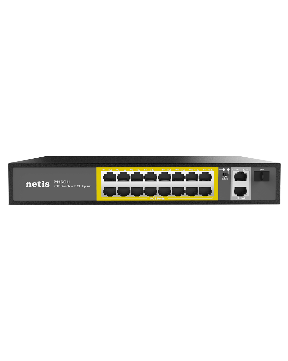 

Коммутатор Netis P116GH, кол-во портов: 16x100 Мбит/с, SFP 1x1, кол-во SFP/uplink: RJ-45 2x1 Гбит/с, PoE: 16x30 Вт (макс. 200 Вт) (P116GH-SP), P116GH