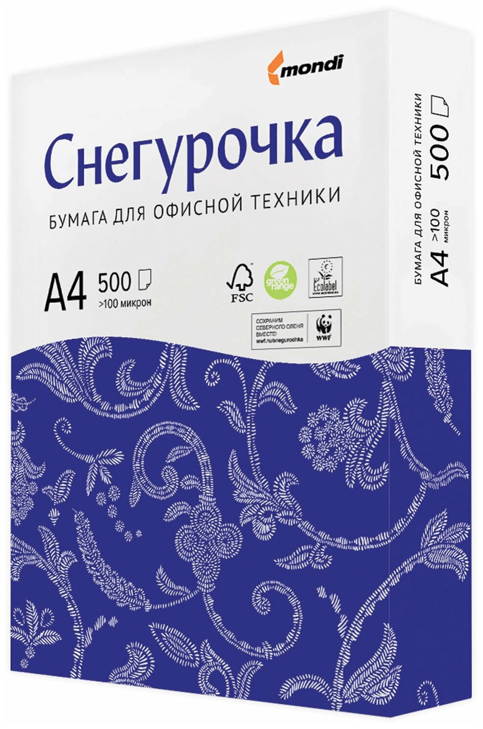 

Бумага A4 80 г/м² 5x500 листов, 91%, 106 мкм, 140-150 ± 3% CIE Снегурочка (MDSGA4/5)