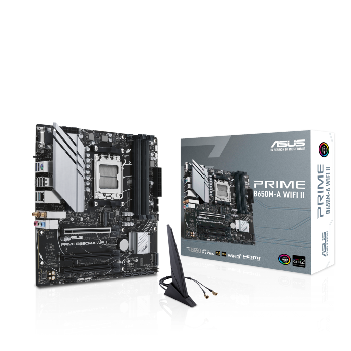 Материнская плата ASUS PRIME B650M-A WIFI II, AM5, AMD B650, 4xDDR5 DIMM, PCI-Ex16, 4SATA3, 7.1-ch, 2.5GLAN, 6 USB 3.2, 1 USB Type-C, VGA, HDMI, DP, mATX, Retail