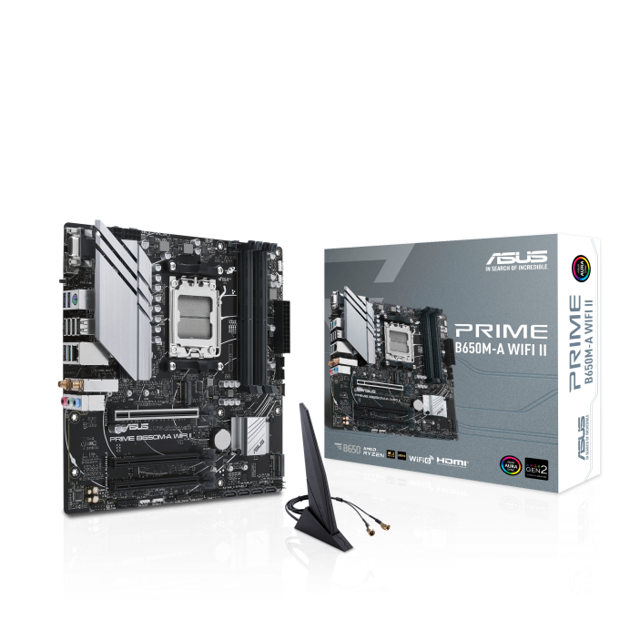 

Материнская плата ASUS PRIME B650M-A WIFI II, AM5, AMD B650, 4xDDR5 DIMM, PCI-Ex16, 4SATA3, 7.1-ch, 2.5GLAN, 6 USB 3.2, 1 USB Type-C, VGA, HDMI, DP, mATX, Retail, PRIME B650M-A WIFI II