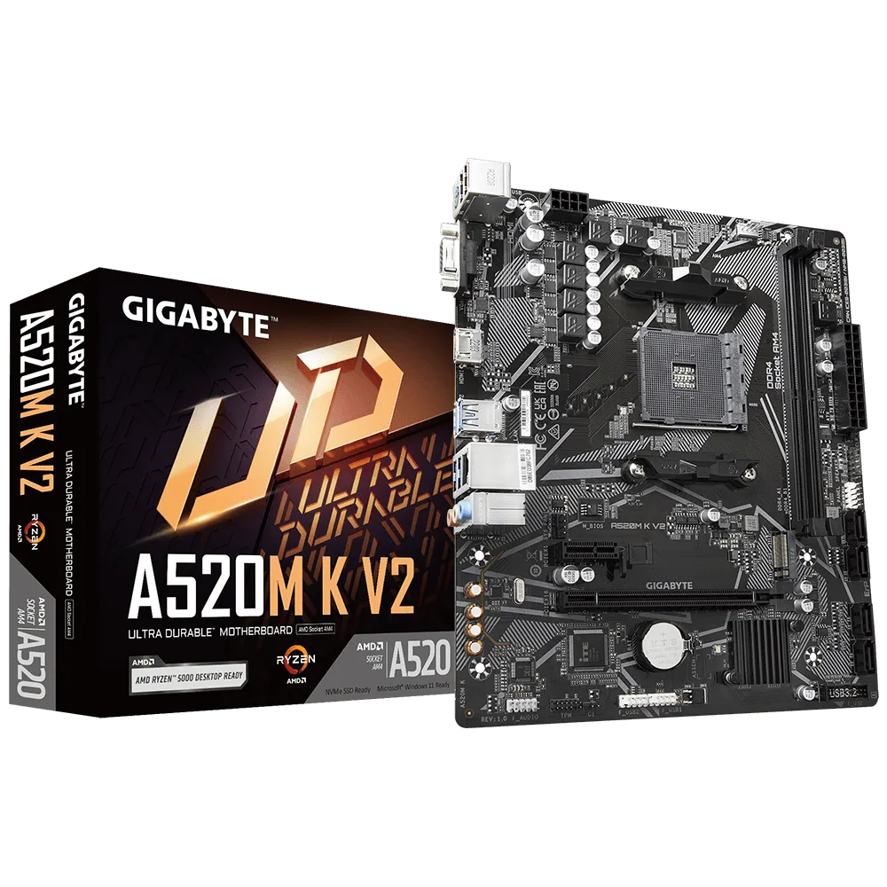 Материнская плата GIGABYTE A520M K V2, SocketAM4, AMD A520, 2xDDR4, PCI-Ex16, 4SATA3, 7.1-ch, GLAN, 6 USB 3.2, VGA, HDMI, mATX, Retail