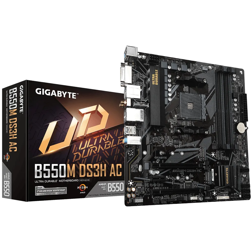 

Материнская плата GIGABYTE B550M DS3H AC, SocketAM4, AMD B550, 4xDDR4, PCI-Ex16, 4SATA3, 7.1-ch, GLAN, 6 USB 3.2, DVI, HDMI, mATX, Retail, B550M DS3H AC