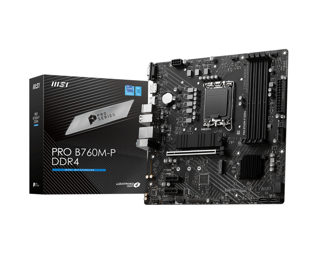 

Материнская плата MSI PRO B760M-P DDR4, Socket1700, Intel B760, 4xDDR4, PCI-Ex16, 4SATA3, 7.1-ch, GLAN, 3 USB 3.2, 1 USB Type-C, VGA, HDMI, DP, mATX, Retail, PRO B760M-P DDR4