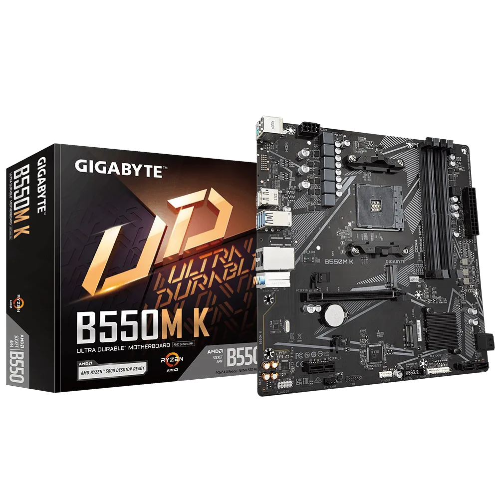 Материнская плата GIGABYTE B550M K, SocketAM4, AMD B550, 4xDDR4, PCI-Ex16, 4SATA3, 7.1-ch, GLAN, 6 USB 3.2, HDMI, DP, mATX, Retail