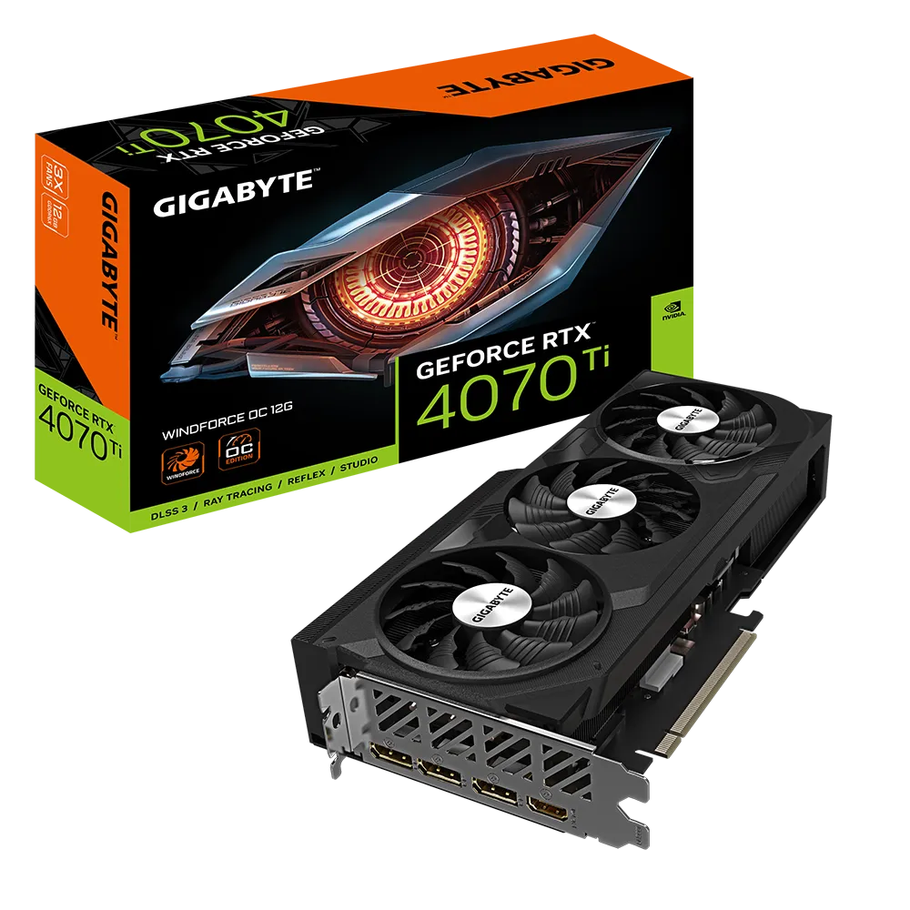 

Видеокарта GIGABYTE NVIDIA GeForce RTX 4070Ti WINDFORCE OC, 12Gb DDR6X, 192 бит, PCI-E, HDMI, 3DP, Retail (GV-N407TWF3OC-12GD), WINDFORCE OC