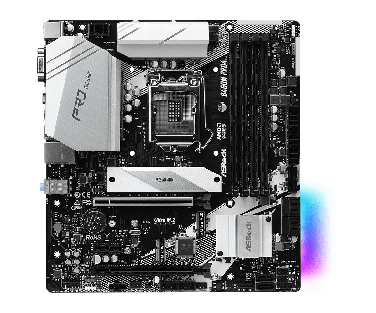 Материнская плата ASRock B460M Pro4, Socket1200, Intel B460, 4xDDR4, 2PCI-Ex16, 6SATA3, 7.1-ch, GLAN, 6 USB 3.2, 1 USB Type-C, VGA, HDMI, DP, mATX, Bulk