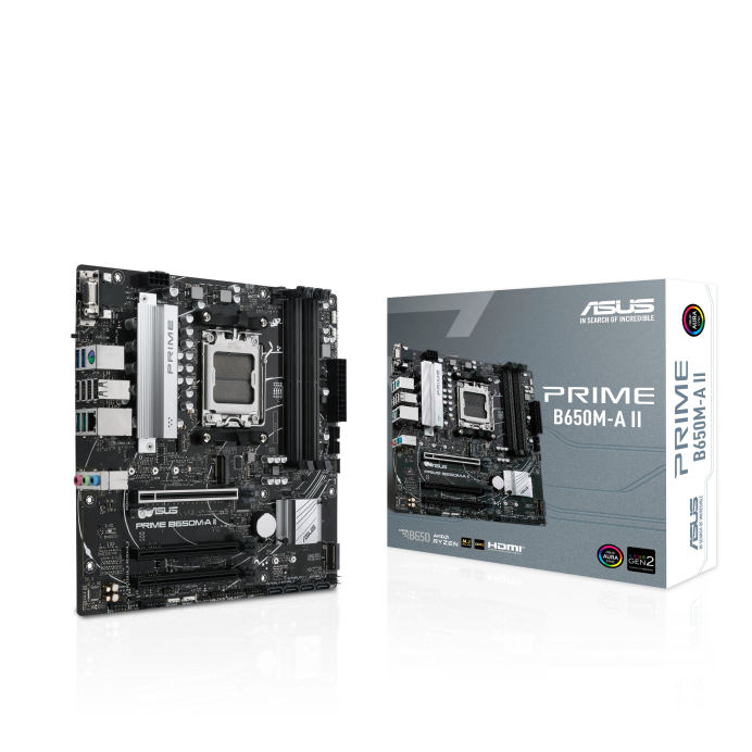 Материнская плата ASUS PRIME B650M-A II, AM5, AMD B650, 4xDDR5 DIMM, 3PCI-Ex16, 4SATA3, 7.1-ch, 2.5GLAN, 6 USB 3.2, 1 USB Type-C, VGA, HDMI, DP, mATX, Retail