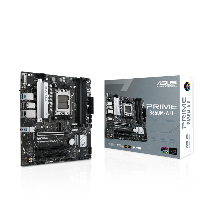 

Материнская плата ASUS PRIME B650M-A II, AM5, AMD B650, 4xDDR5 DIMM, 3PCI-Ex16, 4SATA3, 7.1-ch, 2.5GLAN, 6 USB 3.2, 1 USB Type-C, VGA, HDMI, DP, mATX, Retail, PRIME B650M-A II