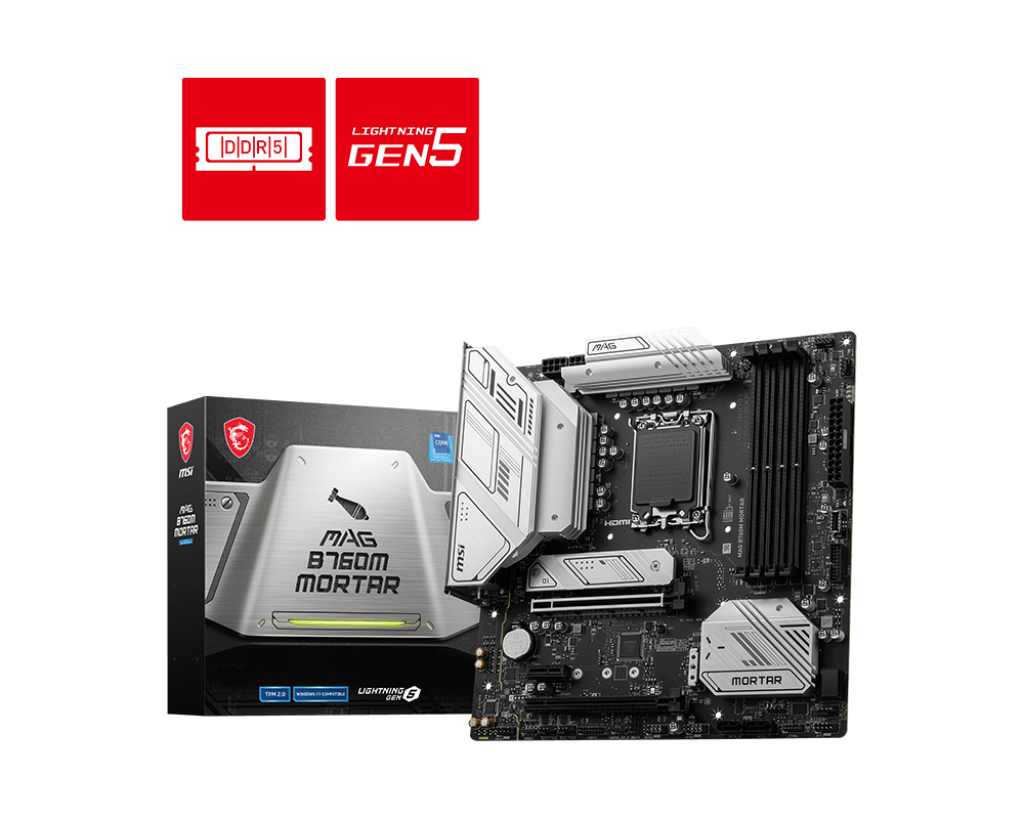 

Материнская плата MSI MAG B760M MORTAR, Socket1700, Intel B760, 4xDDR5 DIMM, 2PCI-Ex16, 4SATA3, 7.1-ch, 2.5GLAN, 5 USB 3.2, 2 USB Type-C, HDMI, DP, mATX, Retail, MAG B760M MORTAR