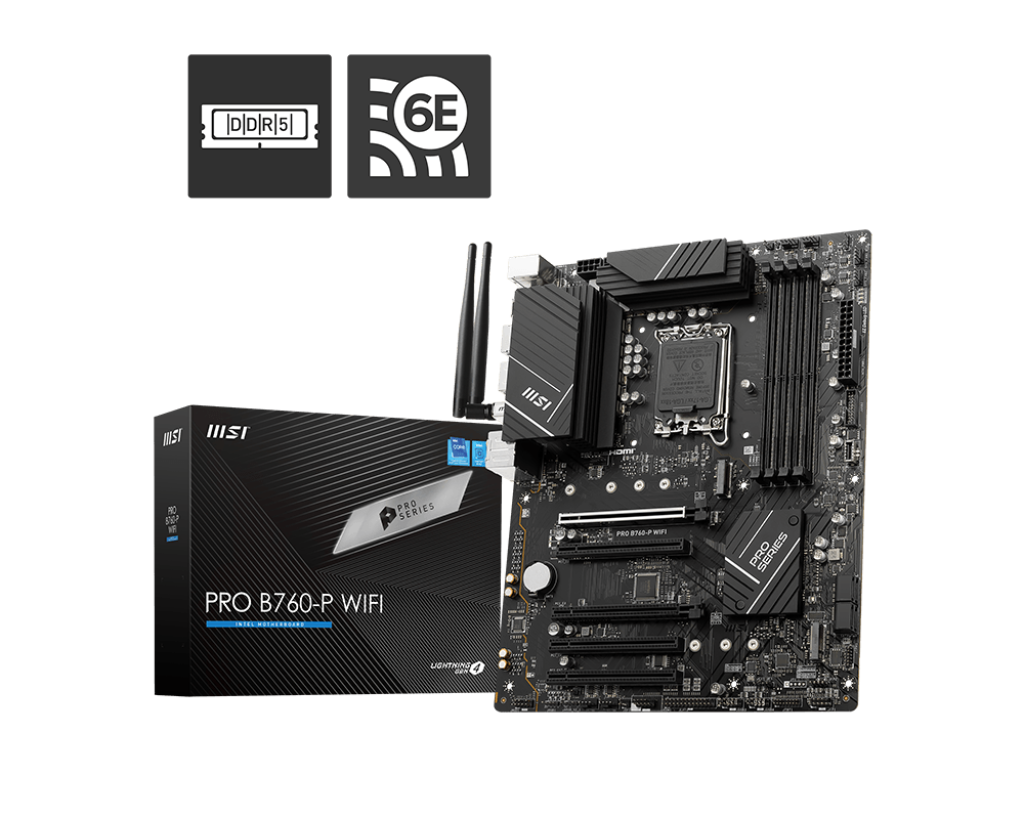 

Материнская плата MSI PRO B760-P WIFI, Socket1700, Intel B760, 4xDDR5 DIMM, 2PCI-Ex16, 4SATA3, 7.1-ch, 2.5GLAN, 4 USB 3.2, 2 USB Type-C, HDMI, DP, ATX, Retail, PRO B760-P WIFI