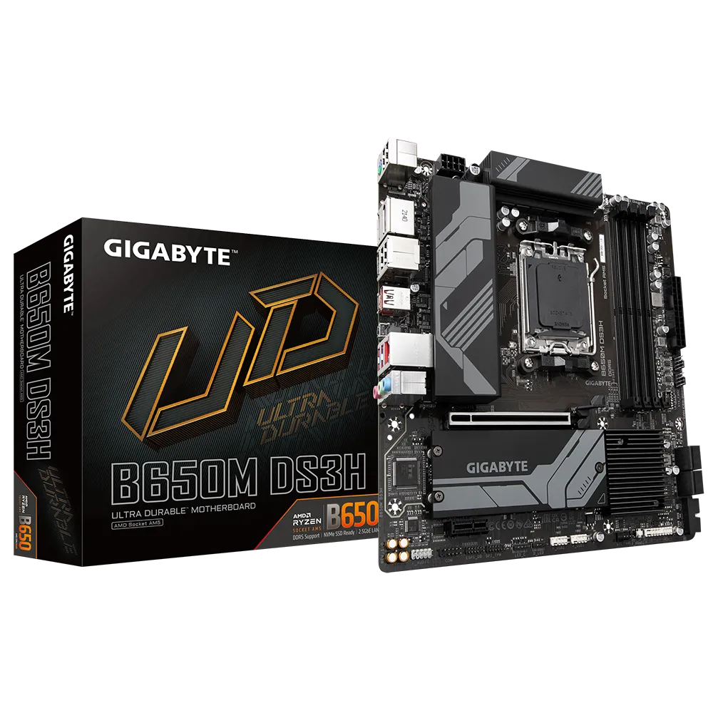 

Материнская плата GIGABYTE B650M DS3H, AM5, AMD B650, 4xDDR5 DIMM, PCI-Ex16, 4SATA3, 7.1-ch, 2.5GLAN, 5 USB 3.2, 2 USB Type-C, HDMI, DP, mATX, Retail, B650M DS3H